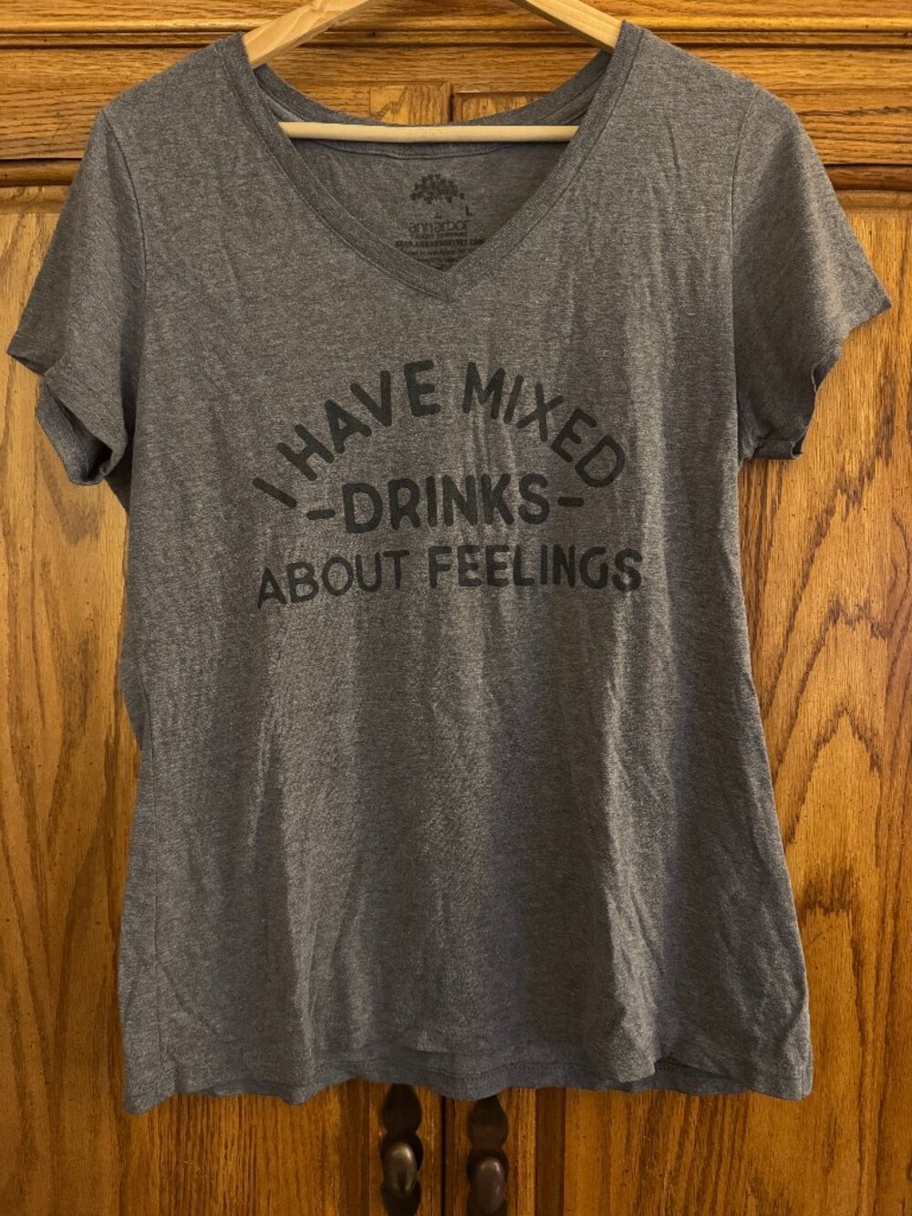 Gray V-Neck Graphic Tee - I Have Mixed Drinks About Feelings